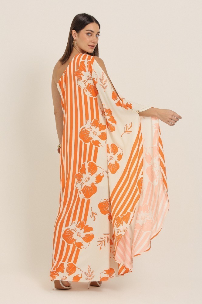 9037342 - Vestido Longo Estampado Caminhos Florais LARANJA