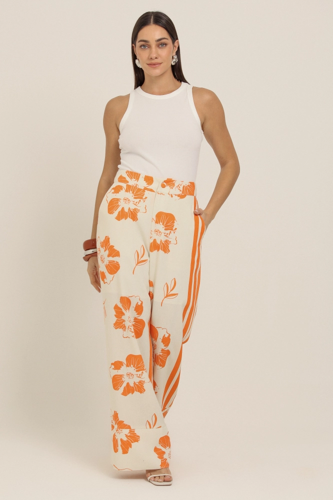 9037343 - Calça Pantacourt Estampada Caminhos Florais LARANJA