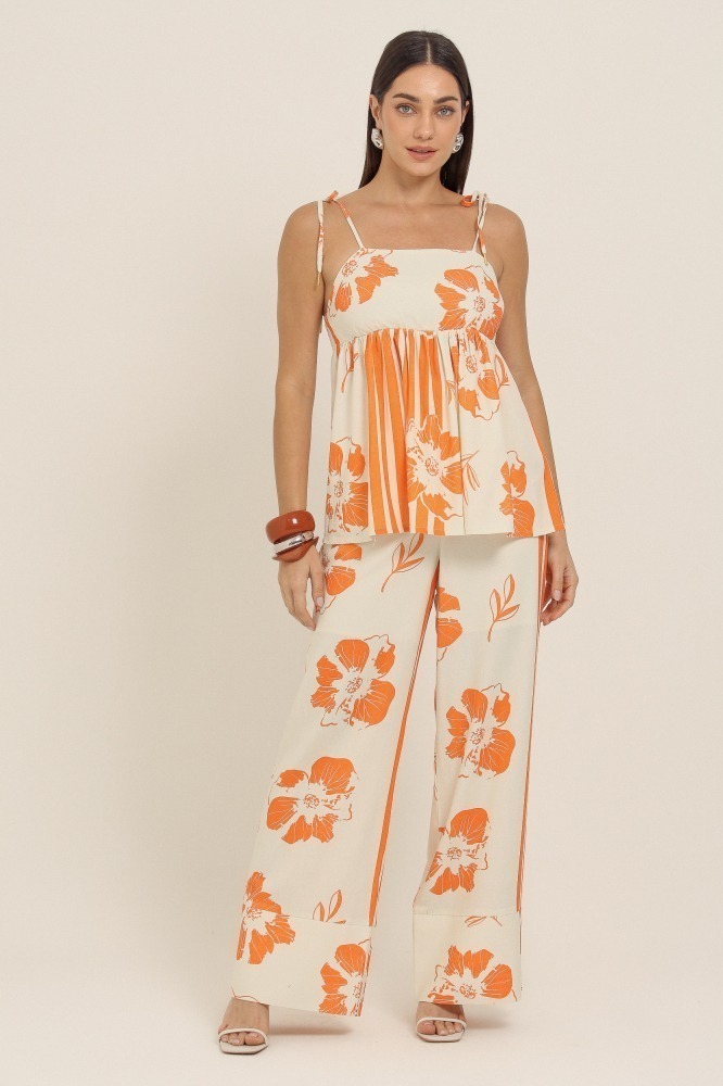 9037343 - Calça Pantacourt Estampada Caminhos Florais LARANJA