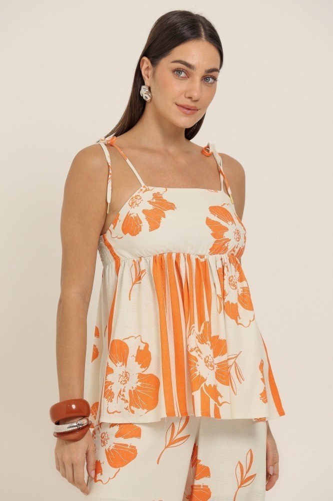 9037344 - Blusa Peplum Estampada Caminhos Florais LARANJA