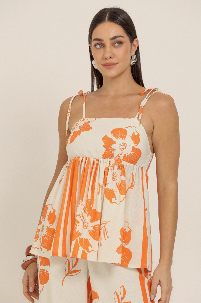 9037344 - Blusa Peplum Estampada Caminhos Florais LARANJA