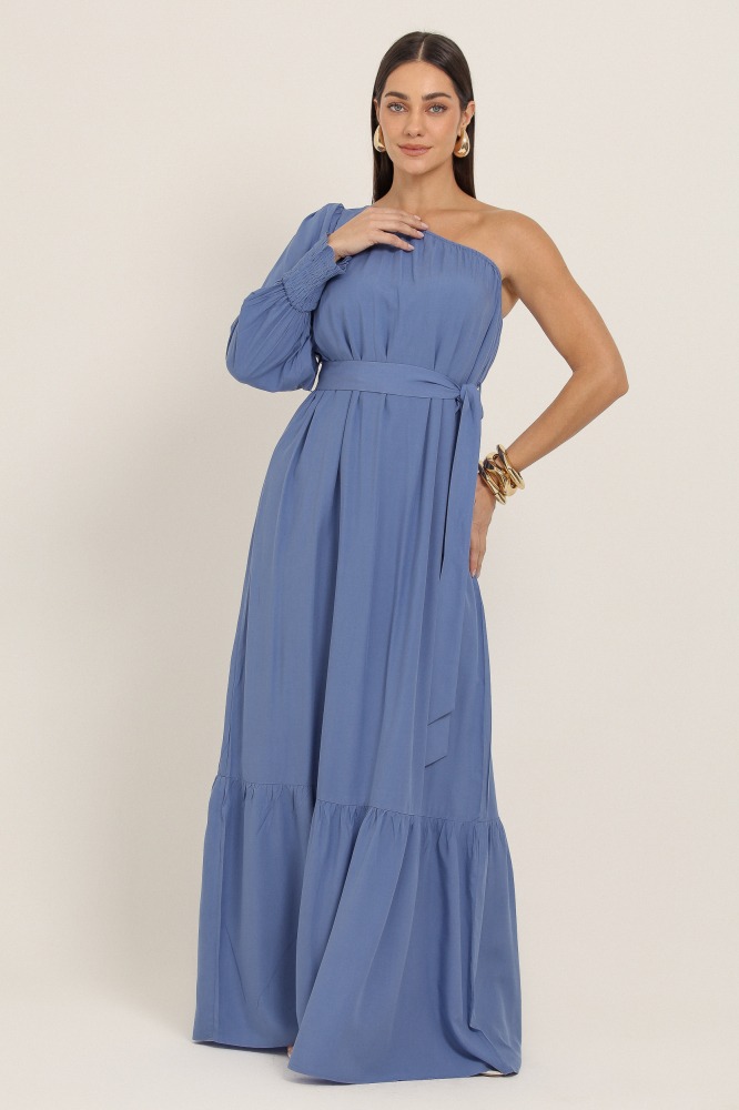 9037346 - Vestido Longo Um Ombro Só Viscolinho AZUL 9037346 - Vestido Longo Um Ombro Só Viscolinho AZUL