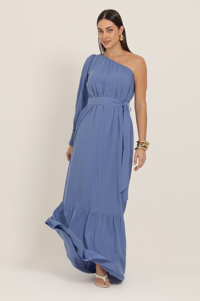 9037346 - Vestido Longo Um Ombro Só Viscolinho AZUL 9037346 - Vestido Longo Um Ombro Só Viscolinho AZUL