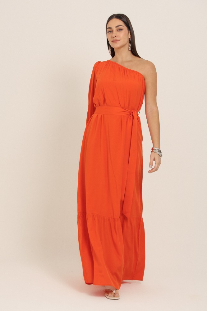 9037346 - Vestido Longo Um Ombro Só Viscolinho LARANJA