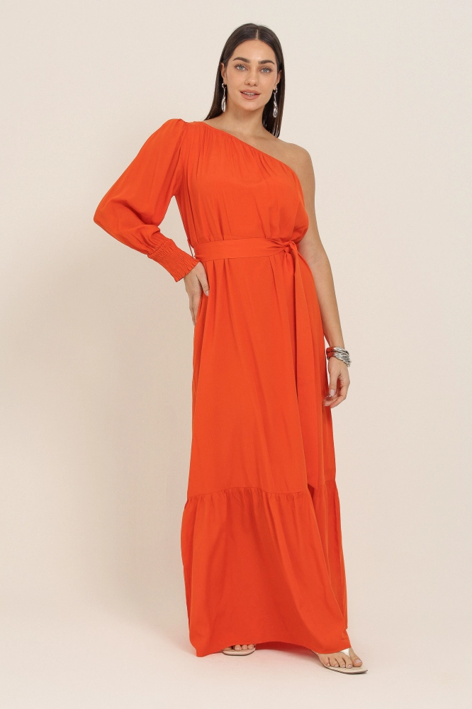 9037346 - Vestido Longo Um Ombro Só Viscolinho LARANJA