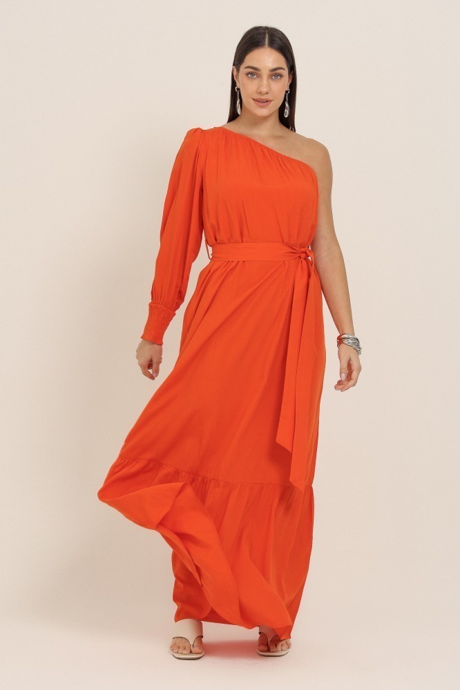 9037346 - Vestido Longo Um Ombro Só Viscolinho LARANJA