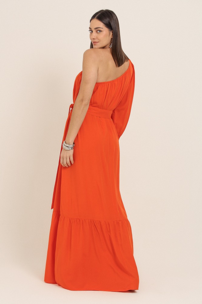 9037346 - Vestido Longo Um Ombro Só Viscolinho LARANJA