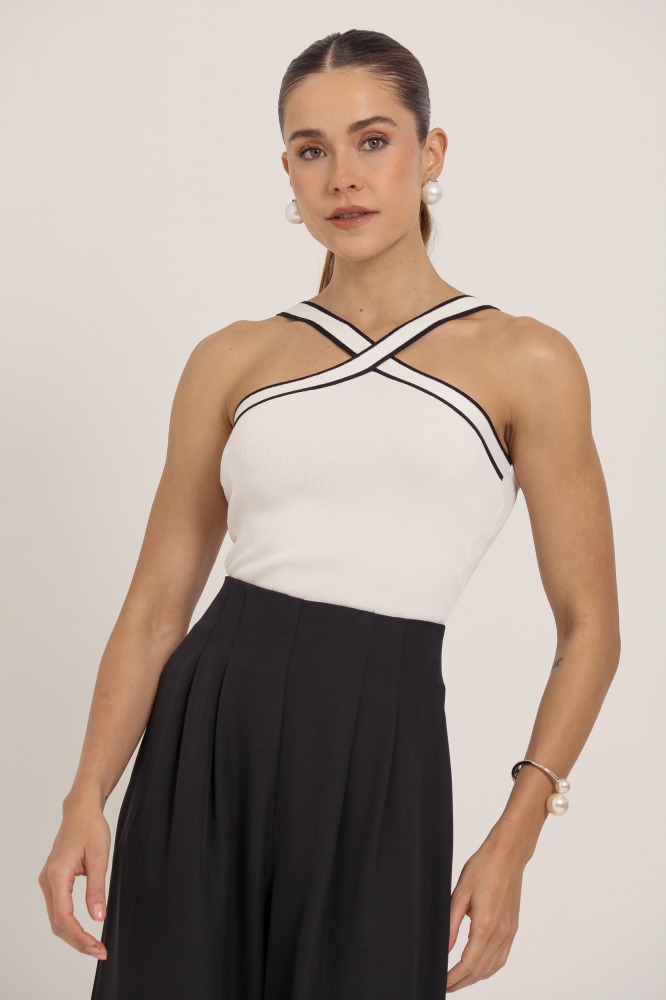9037348 - Blusa Tricot Bicolor Alça Cruzada OFF-WHITE
