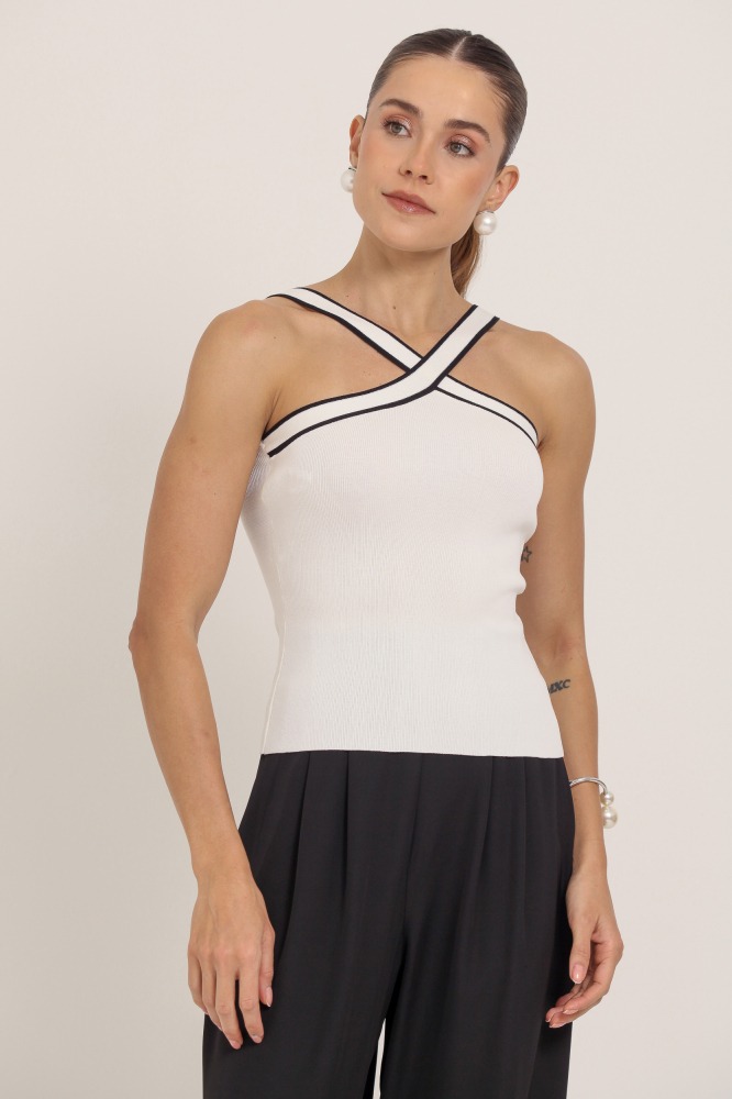 9037348 - Blusa Tricot Bicolor Alça Cruzada OFF-WHITE