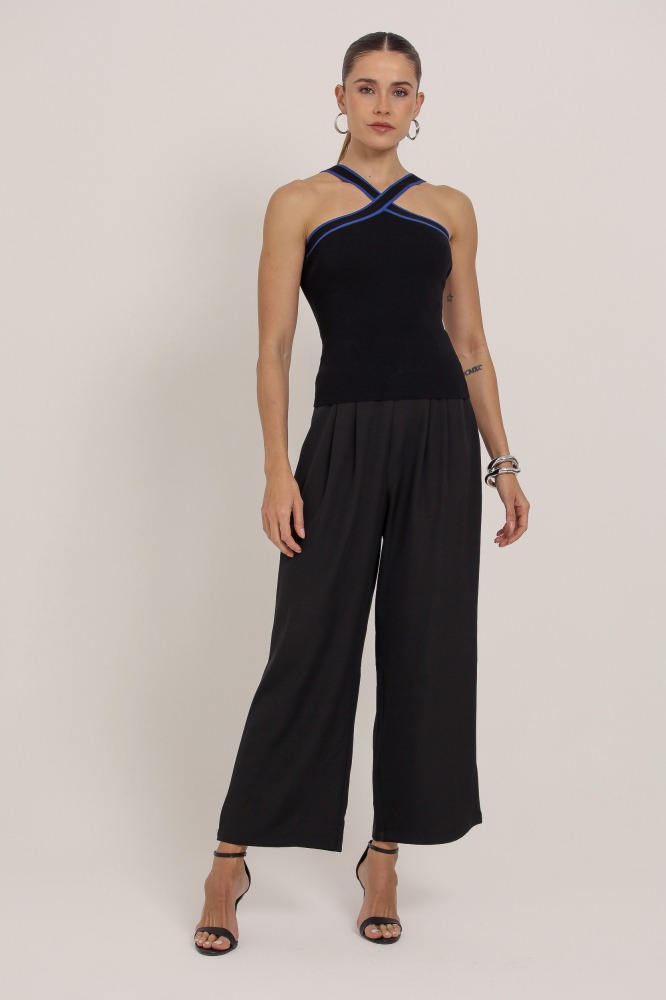 9037348 -  Blusa Tricot Bicolor Alça Cruzada PRETO