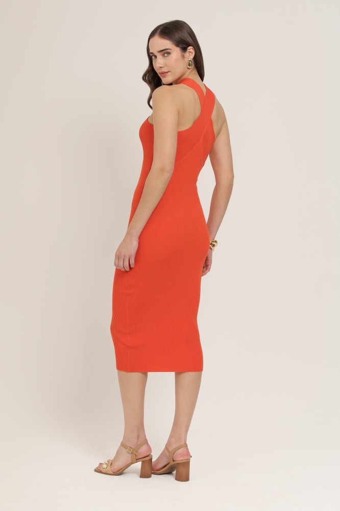 9037350 - Vestido Midi Tricot Decote Cruzado LARANJA