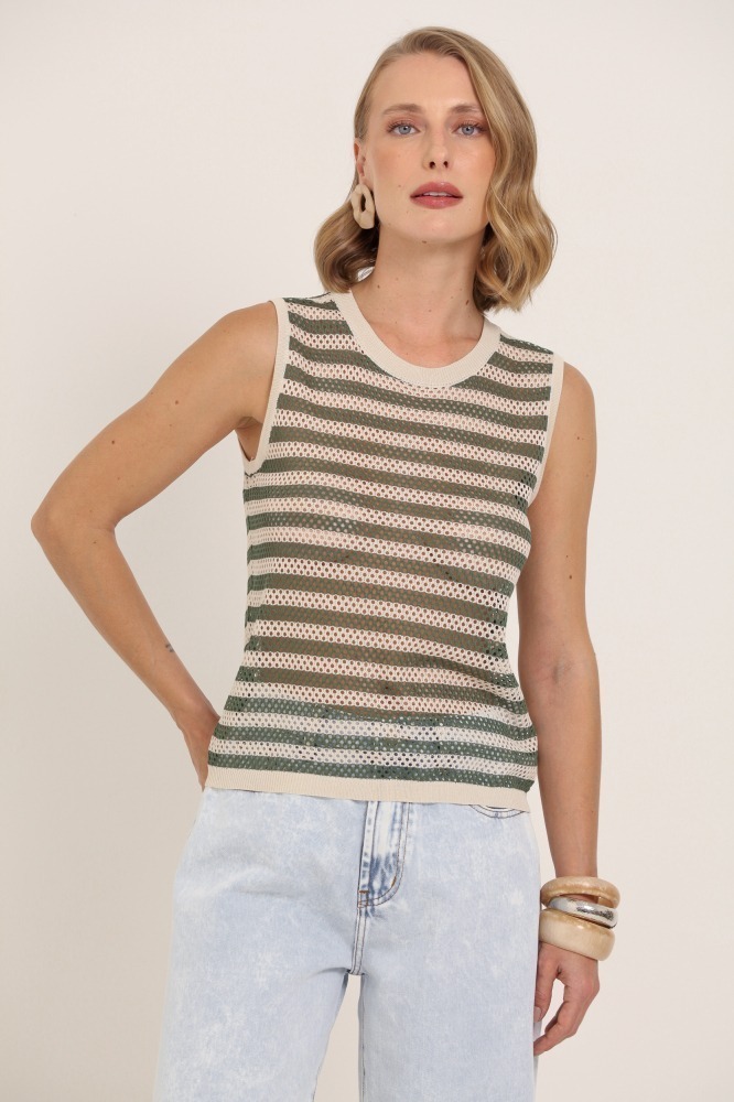 9037352 - Regata Tricot Listrada Com Vazados BEGE 9037352 - Regata Tricot Listrada Com Vazados BEGE