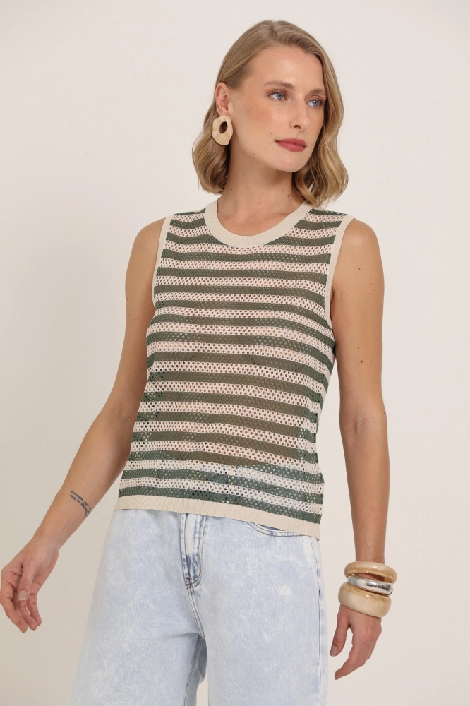 9037352 - Regata Tricot Listrada Com Vazados BEGE 9037352 - Regata Tricot Listrada Com Vazados BEGE - Imagem 2