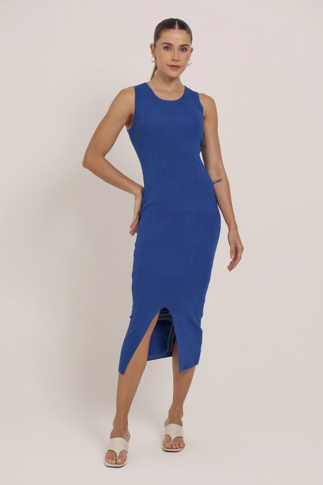 9037355 - Vestido Midi Tricot Detalhe Quadriculado AZUL 9037355 - Vestido Midi Tricot Detalhe Quadriculado AZUL