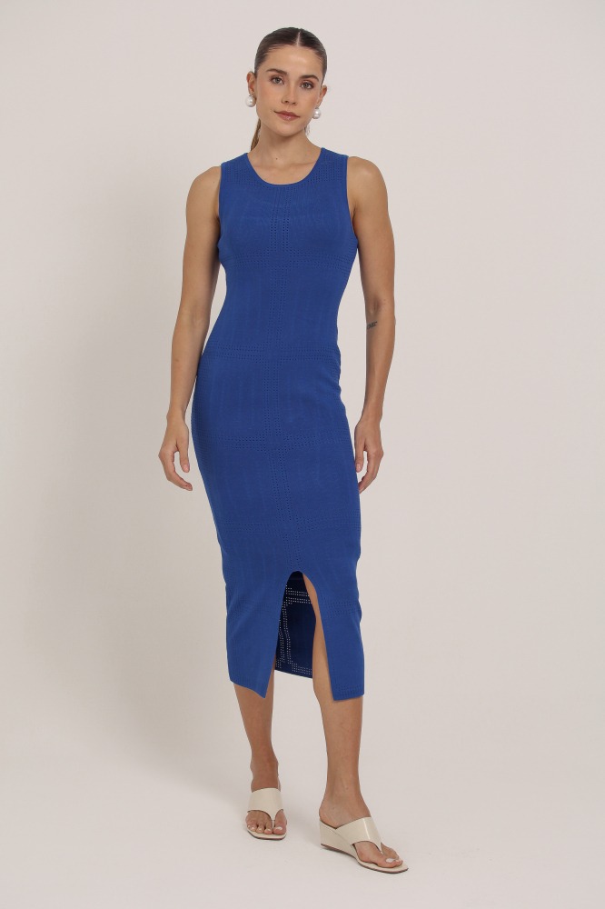 9037355 - Vestido Midi Tricot Detalhe Quadriculado AZUL