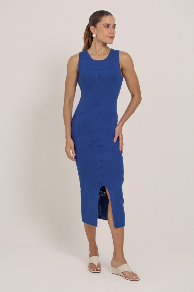 9037355 - Vestido Midi Tricot Detalhe Quadriculado AZUL