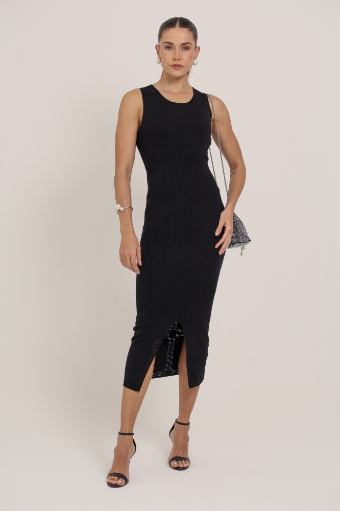 9037355 - Vestido Midi Tricot Detalhe Quadriculado PRETO