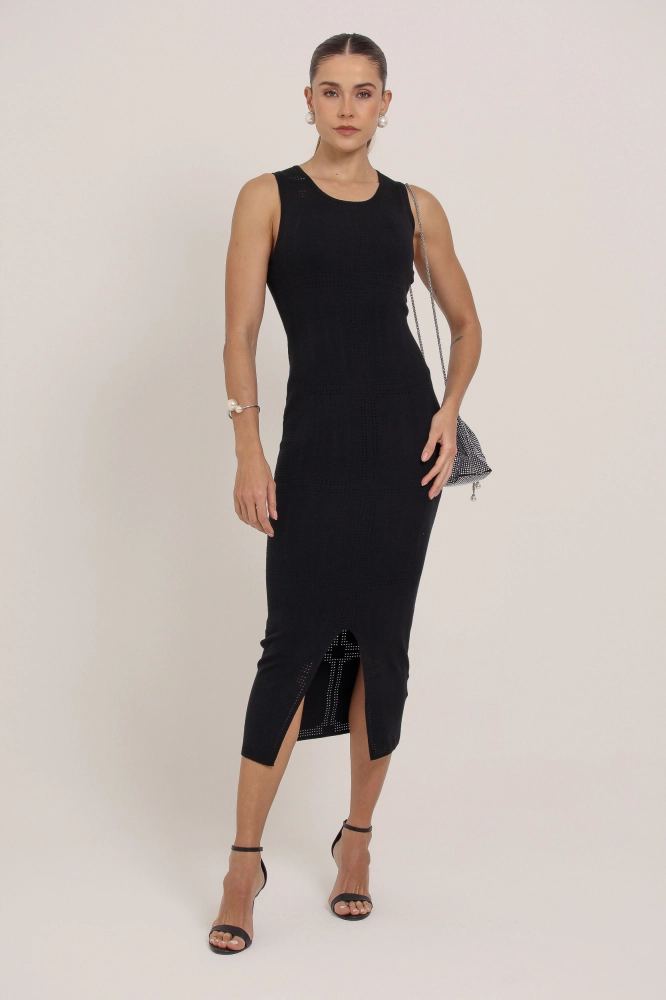 9037355 - Vestido Midi Tricot Detalhe Quadriculado PRETO