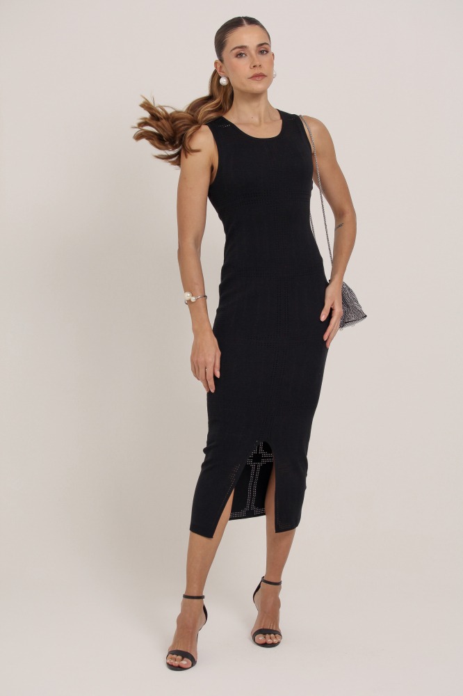9037355 - Vestido Midi Tricot Detalhe Quadriculado PRETO