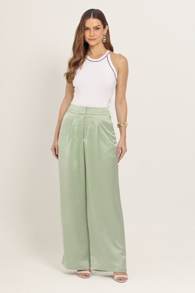 9037372 - Calça Pantalona Textura Acetinada  VERDE 