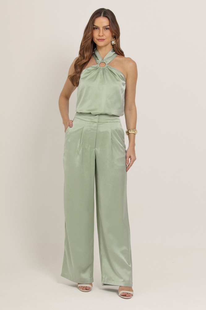 9037372 - Calça Pantalona Textura Acetinada  VERDE 