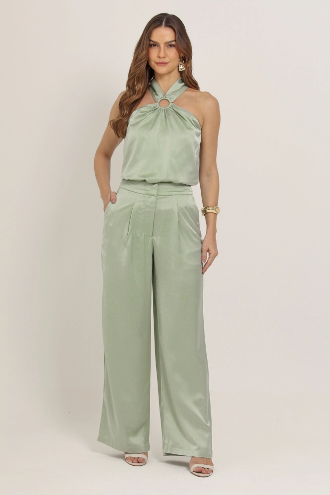 9037372 - Calça Pantalona Textura Acetinada  VERDE 