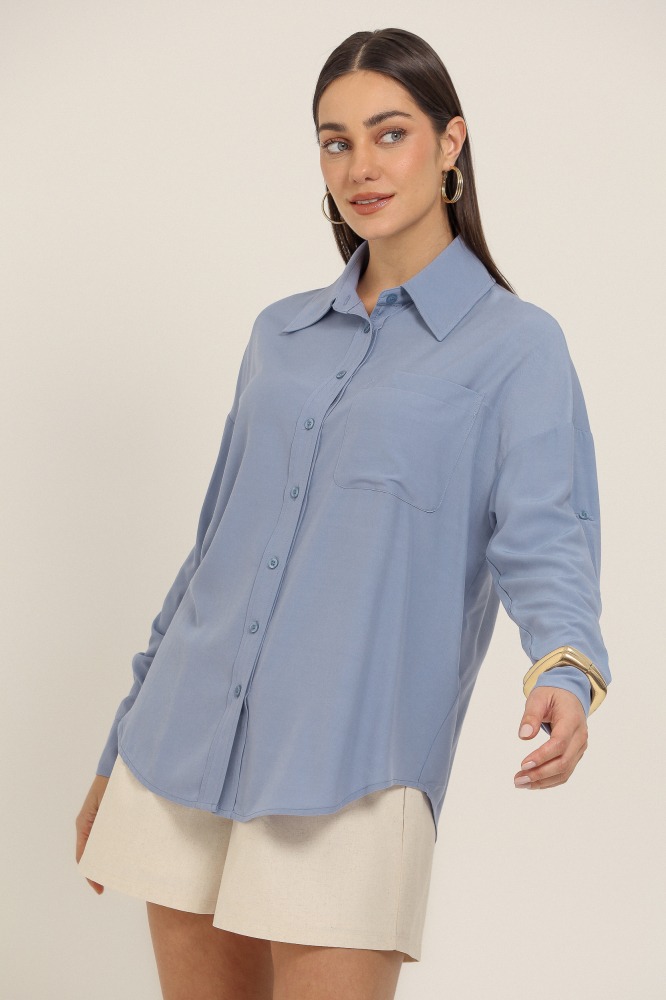9037389 - Camisa Básica Viscolinho Com Bolso AZUL 9037389 - Camisa Básica Viscolinho Com Bolso AZUL