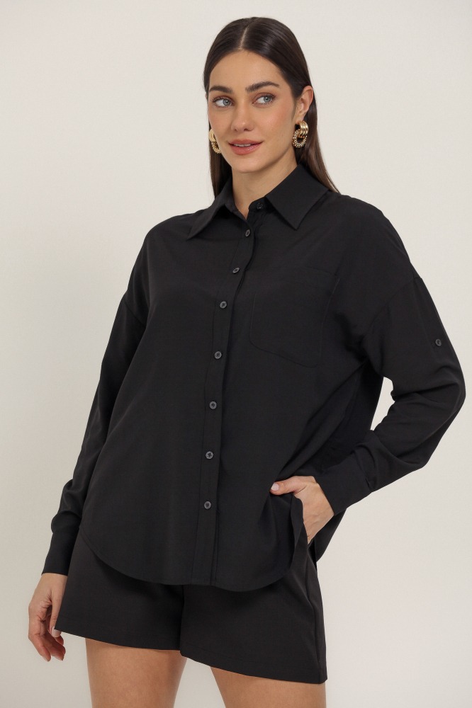 9037389 - Camisa Básica Viscolinho Com Bolso PRETO