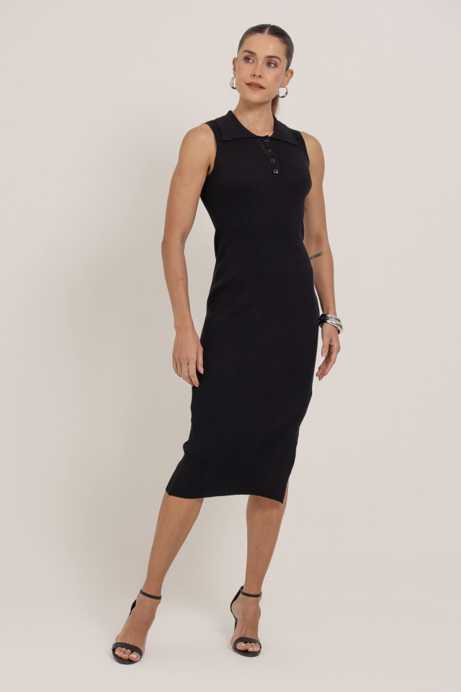 9037395 - Vestido Tricot Botão Frontal E Gola PRETO