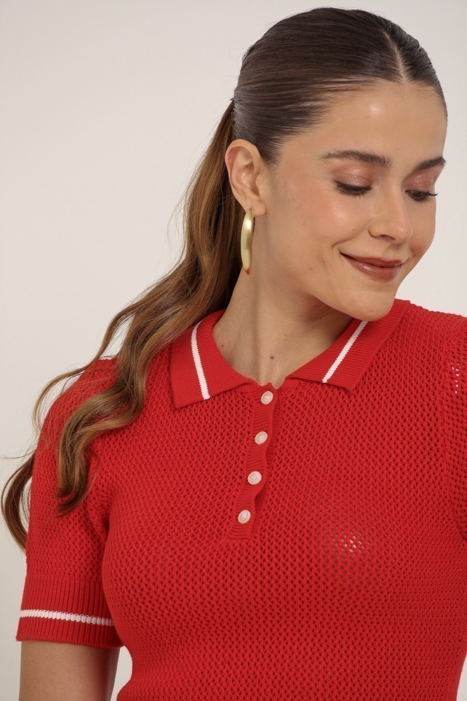 9037397 - Blusa Tricot Cropped Manga Curta Com Gola E Punho VERMELHO