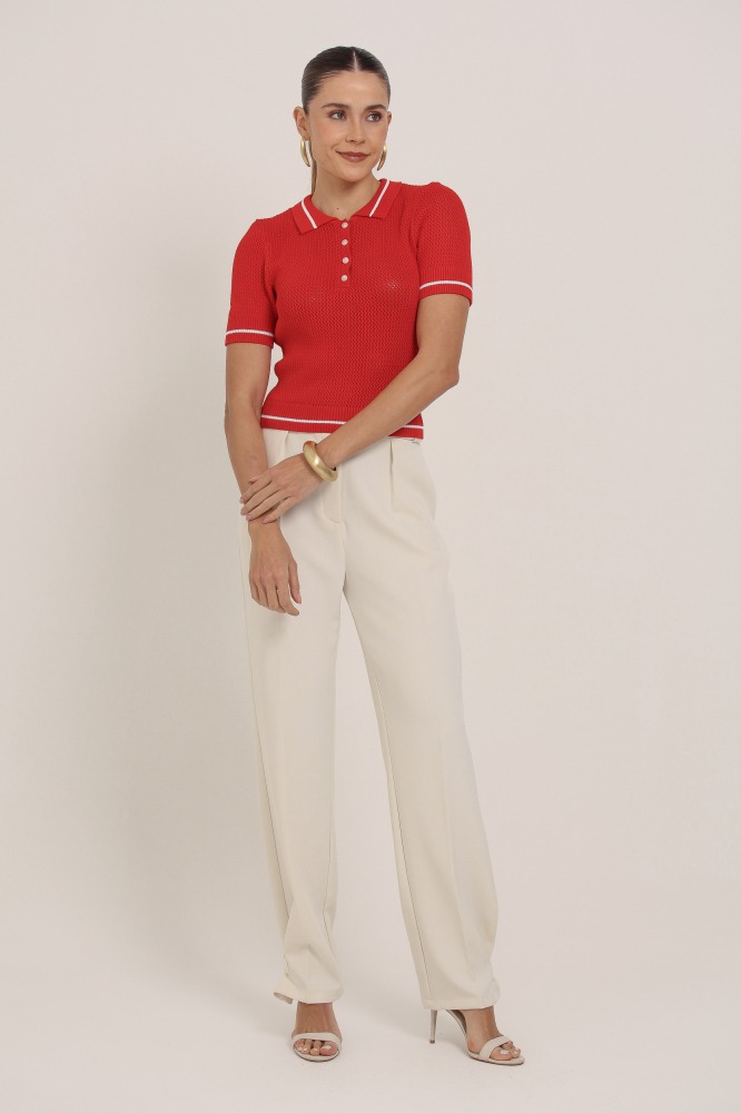 9037397 - Blusa Tricot Cropped Manga Curta Com Gola E Punho VERMELHO