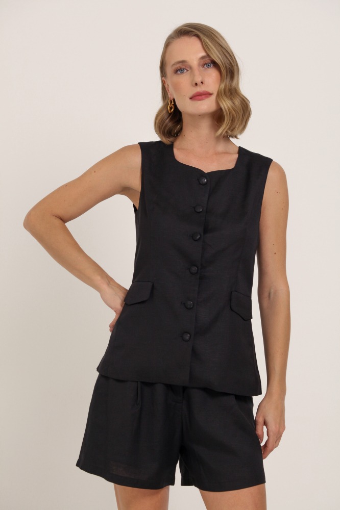 9037400 - Colete Linho Botões Forrados  PRETO