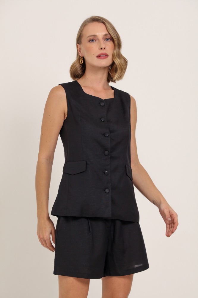 9037400 - Colete Linho Botões Forrados  PRETO