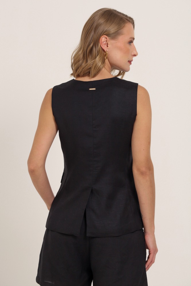 9037400 - Colete Linho Botões Forrados  PRETO