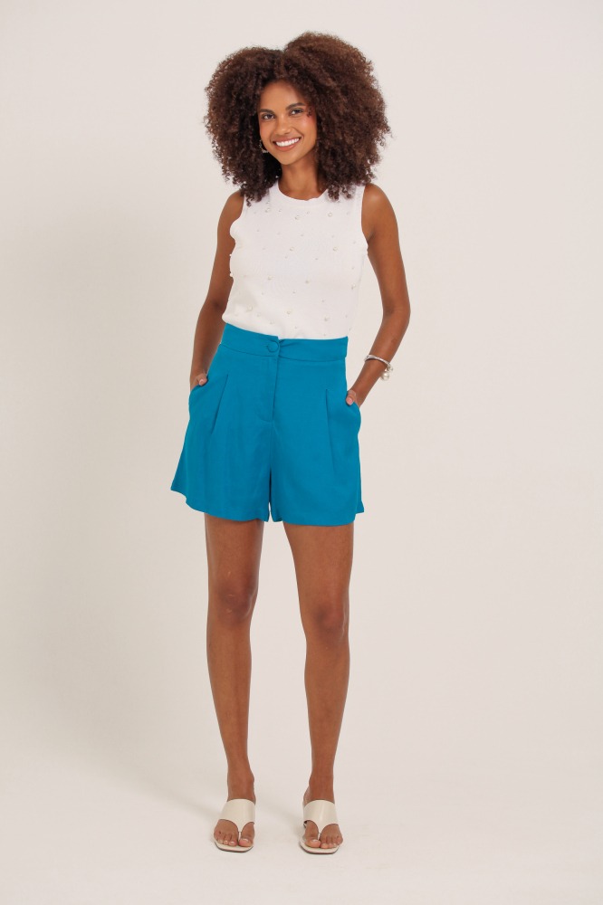 9037401 - Shorts Linho Pregas Botão Forrado AZUL 9037401 - Shorts Linho Pregas Botão Forrado AZUL