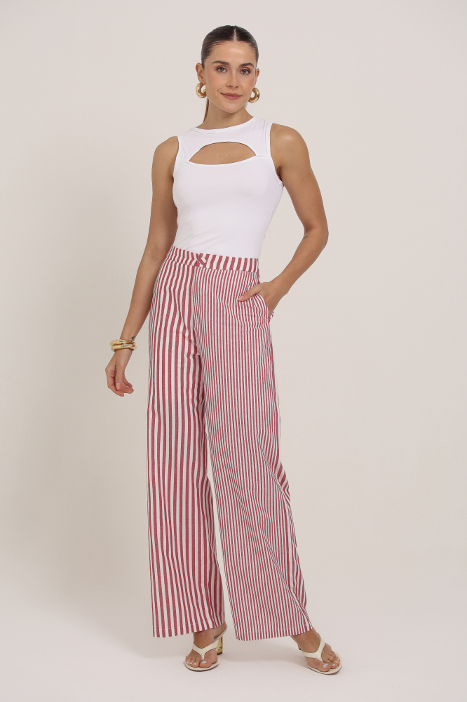 9037402 - Calça Listrada Linho VERMELHO