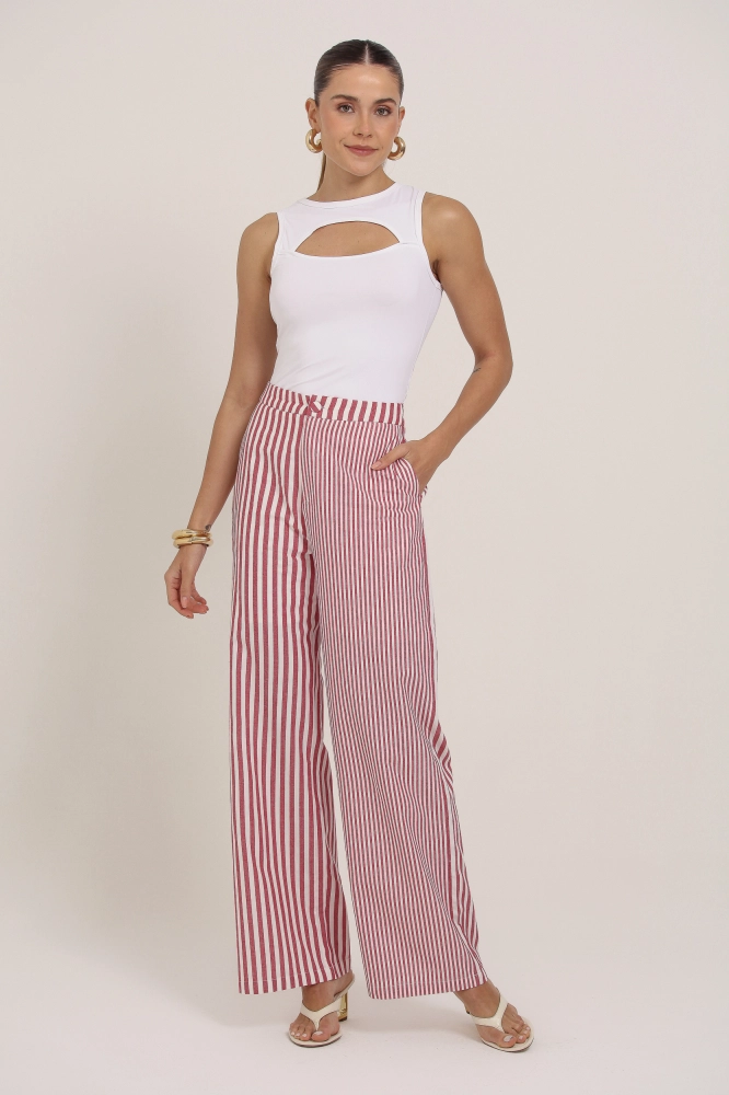 9037402 - Calça Listrada Linho VERMELHO