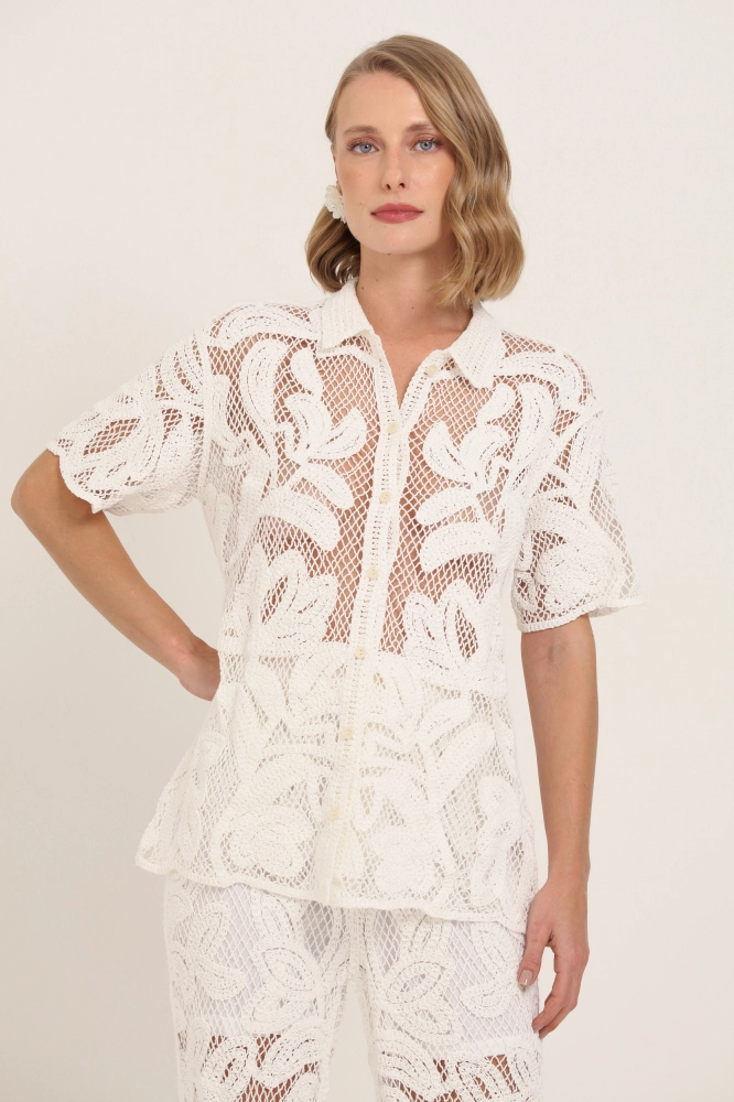 9037409 - Camisa Guipir Manga Curta  BRANCO