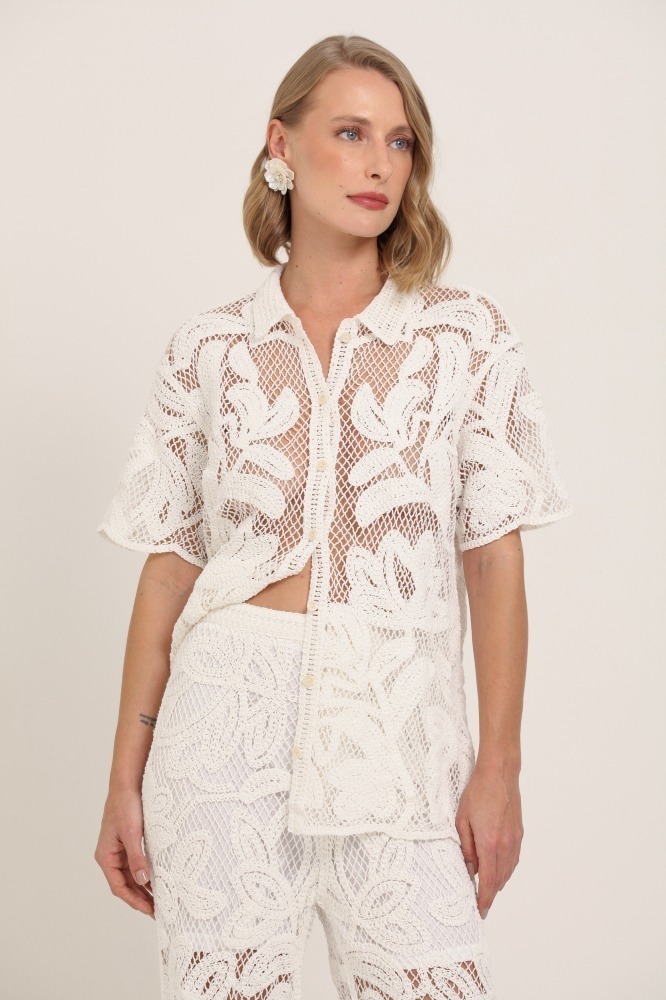 9037409 - Camisa Guipir Manga Curta  BRANCO