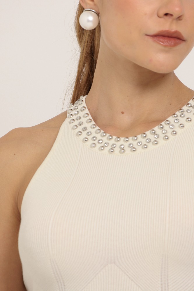 9037422 - Blusa Tricot Cava Americana Strass Decote OFF-WHITE