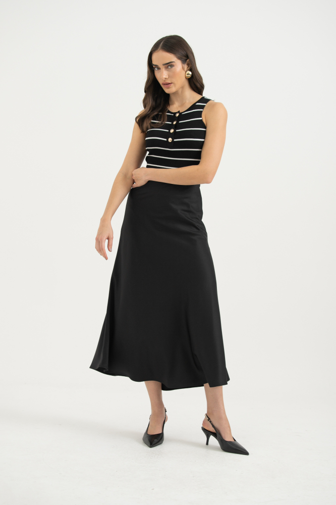 9037490 - Blusa Tricot Sem Manga Listrada Com Botões PRETO