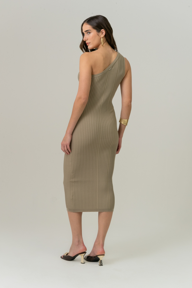 9037494 - Vestido Tricot Canelado Um Ombro Só Midi CAQUI
