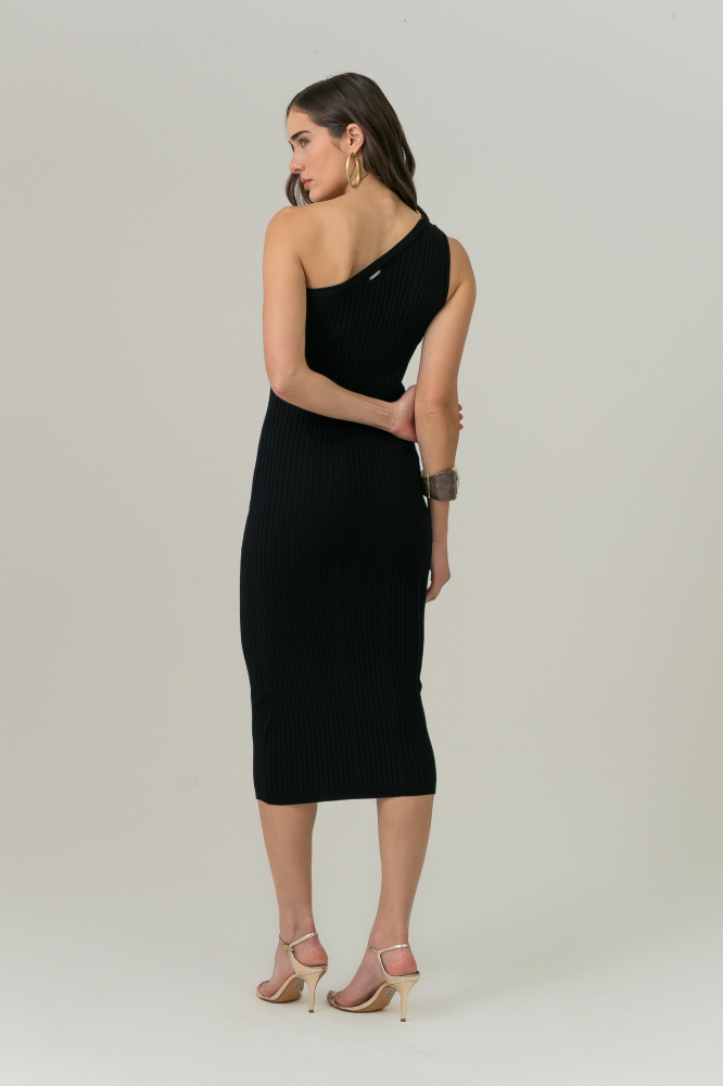 9037494 - Vestido Tricot Canelado Um Ombro Só Midi PRETO 9037494 - Vestido Tricot Canelado Um Ombro Só Midi PRETO