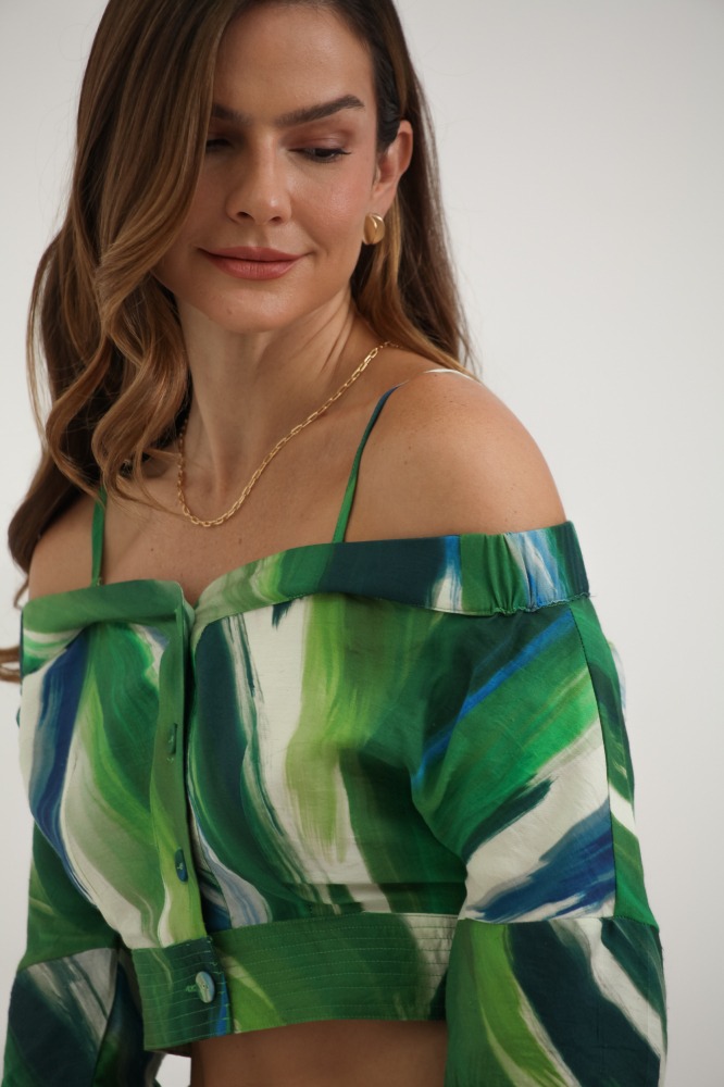 9037534 - Blusa Ombro A Ombro Estampa Botanique VERDE 