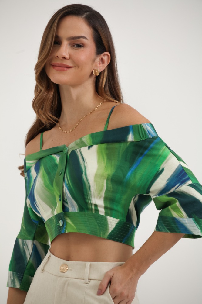 9037534 - Blusa Ombro A Ombro Estampa Botanique VERDE 