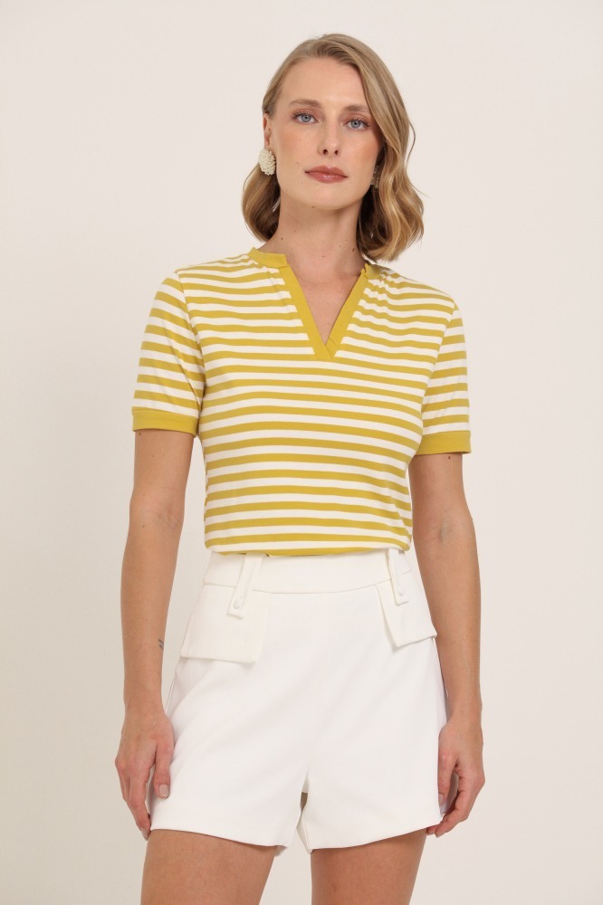 9037564 - Blusa Listrada Punhos e Abertura Decote AMARELO