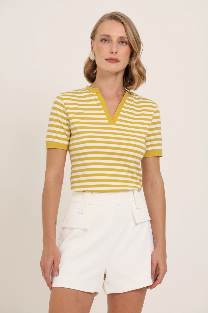 9037564 - Blusa Listrada Punhos e Abertura Decote AMARELO