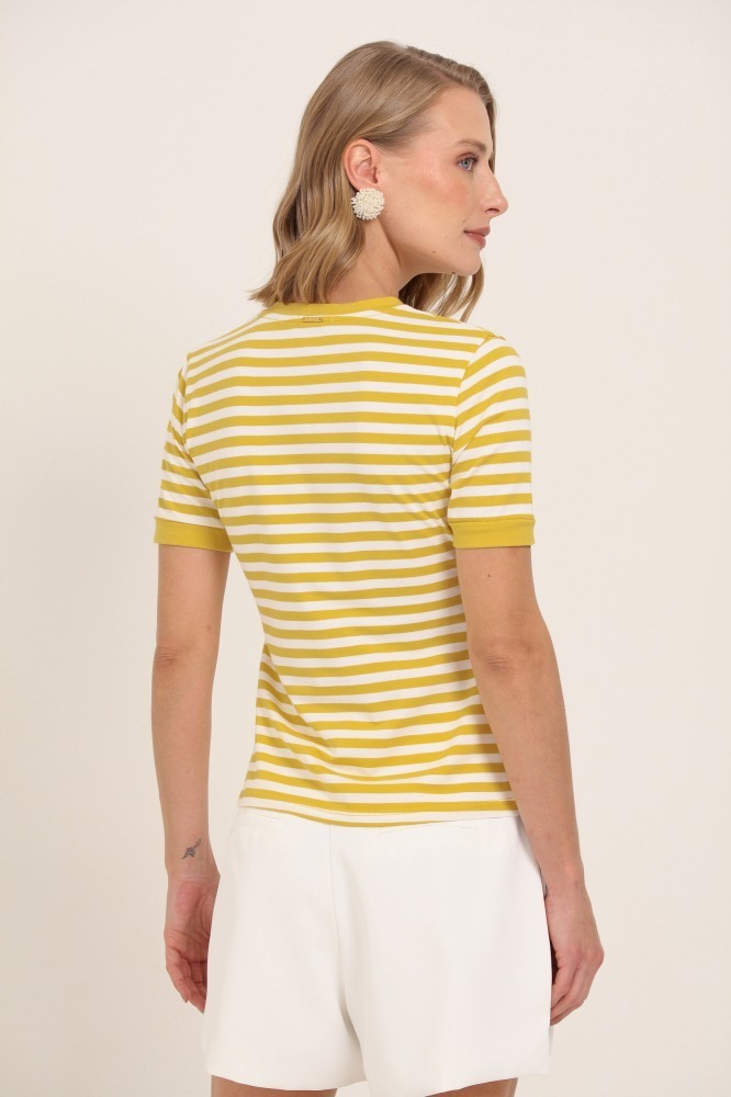 9037564 - Blusa Listrada Punhos e Abertura Decote AMARELO