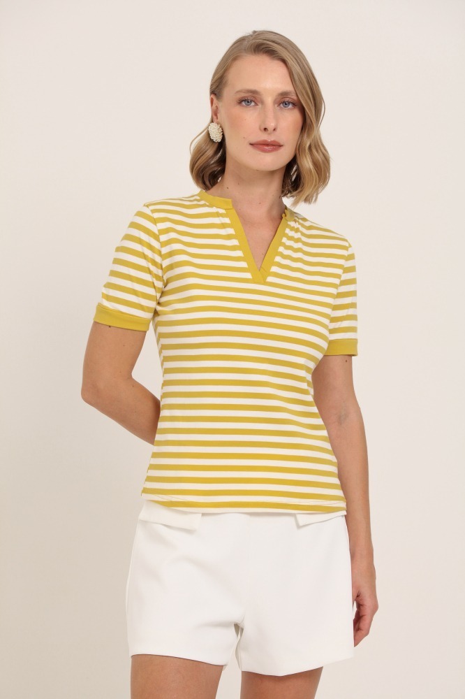 9037564 - Blusa Listrada Punhos e Abertura Decote AMARELO