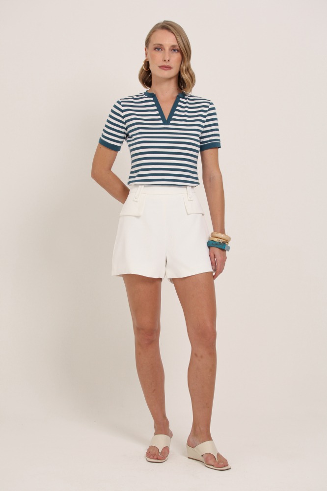 9037564 - Blusa Listrada Punhos e Abertura Decote VERDE 